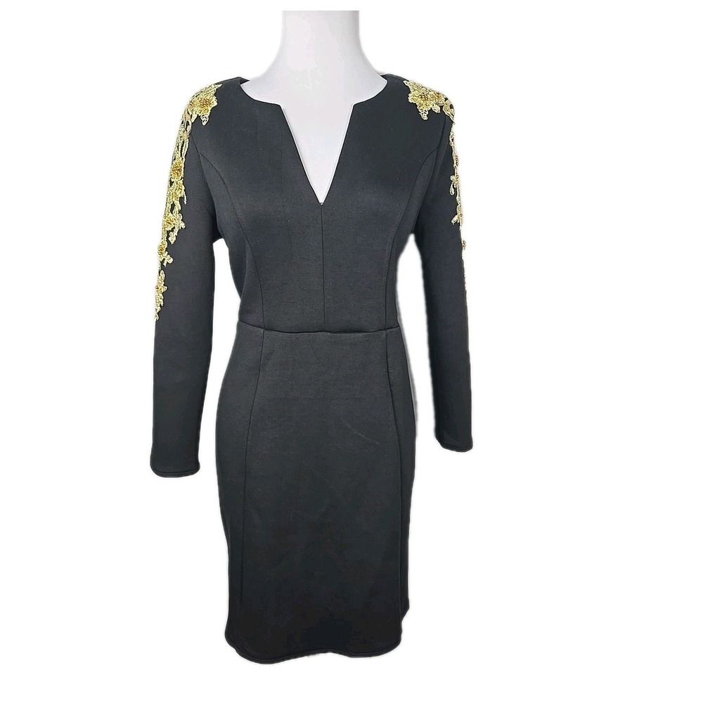 VENUS Black Long Sleeve V Neck Scuba Dress With Gold Beaded‎ Sequin Applique MP